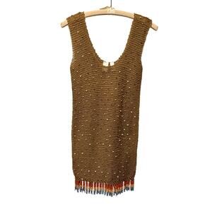 Vicky Moreinis Brown Knit Beaded Swimwear Cover up Dress Beaded Fringe Stretch